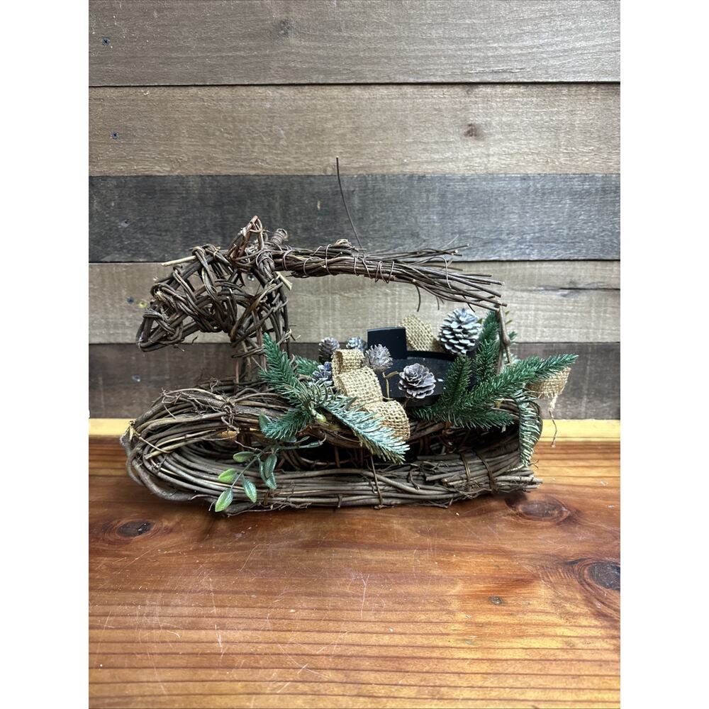 Grapevine Reindeer Sleigh Candle Holder Centerpiece